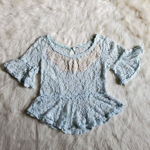Free People Blue and Cream Lace Peplum Top Size XS - Picture 7 of 16